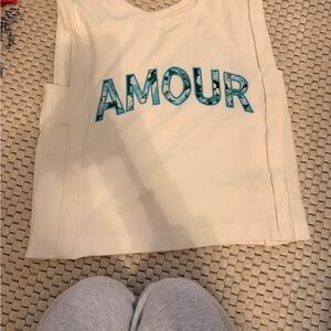 Anthropologie White Tank Top with Teal Patterned AMOUR Applique